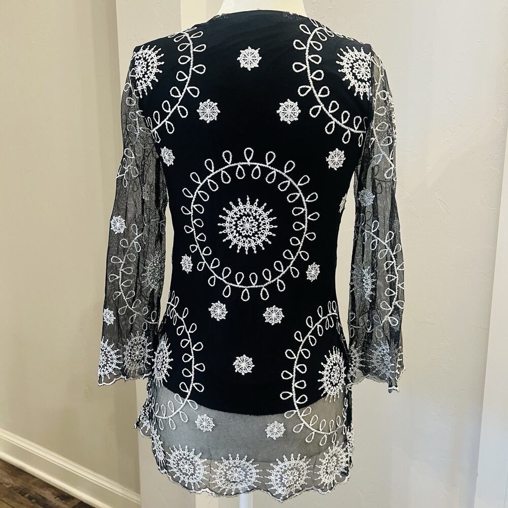 Alfani Women Petite PS Black Blouse Top Mesh Layered Bell Sleeve Floral (A0125) - Picture 3 of 6